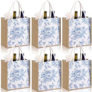 Paterr 6 Pcs Bridesmaid Bags Blue White Vintage Floral Burlap Tote Bridal Party Gift Bags Reusable Jute Tote with Handles Medium for Wedding Day Engagement DIY Shopping Bridal Shower