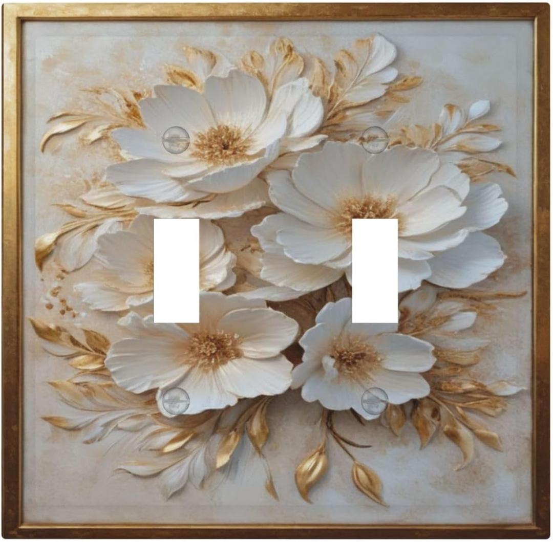 Decorative Art Light Switch Covers Elegant Gold White Floral 2 Gang Double Toggle Outlet Wall Plate Switchplate Electrical Faceplate for Home,BathRoom & Living Room Decor