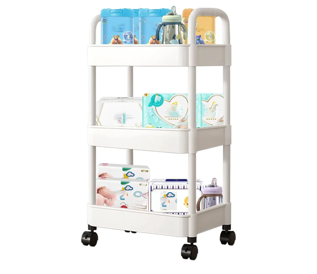 Baby Diaper Caddy, Plastic Movable Diaper Cart with Wheels Newborn Nursery Essentials Baby Diapers Organizer for Changing Table & Crib, Easy to Assemble, White