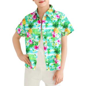 Boys Girl Hawaiian Shirt Tropical Button Down Blouse Summer Casual Beach Shirt Short Sleeve Top Size 5-27 Years Green