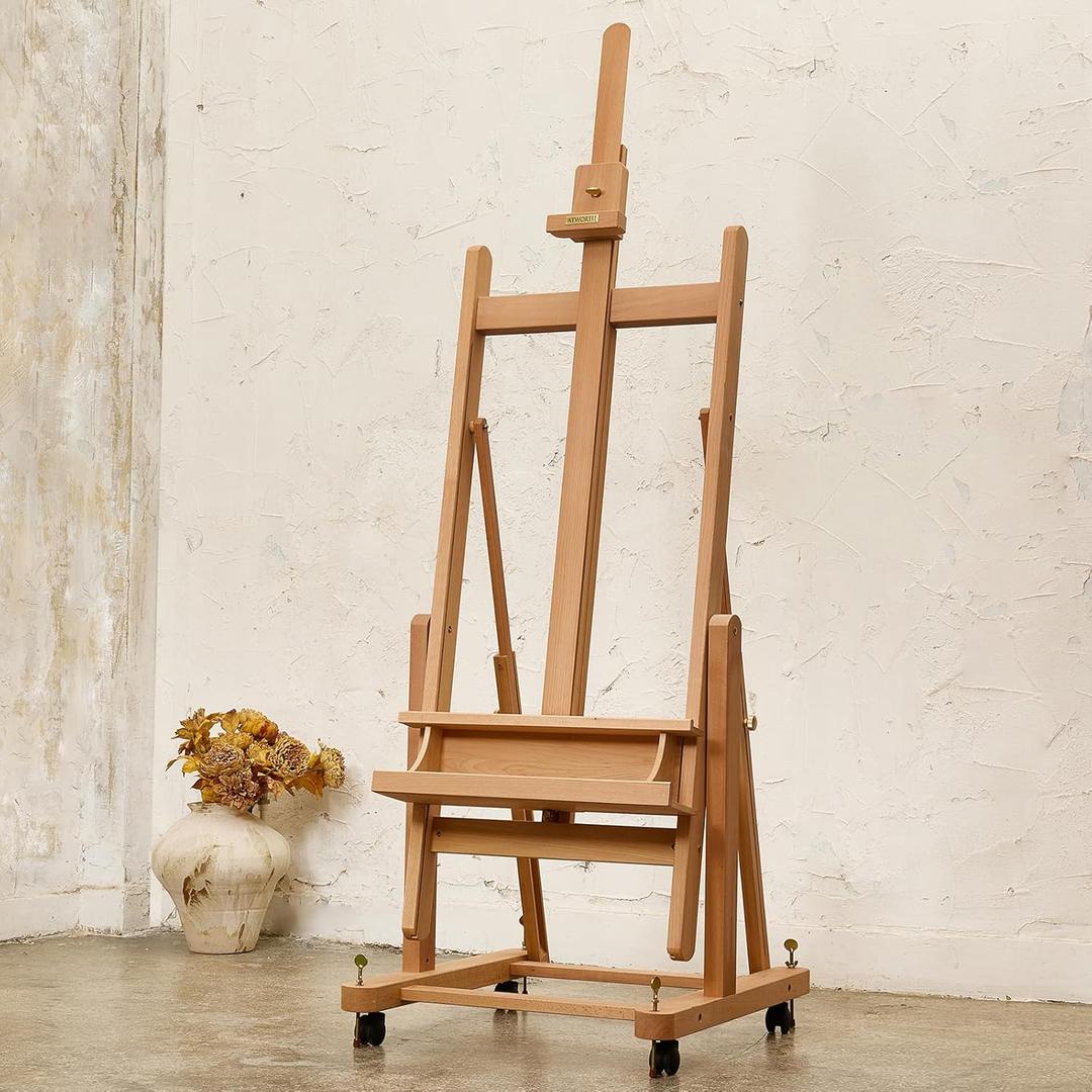 Heavy Duty H Frame Easel for Painting: Professional Beech Wood Artist Easel Stand with Upgrade Hardware- Hold Canvas up to 86, Extra Large Floor Painting Easel for Adults with 4 Wheels