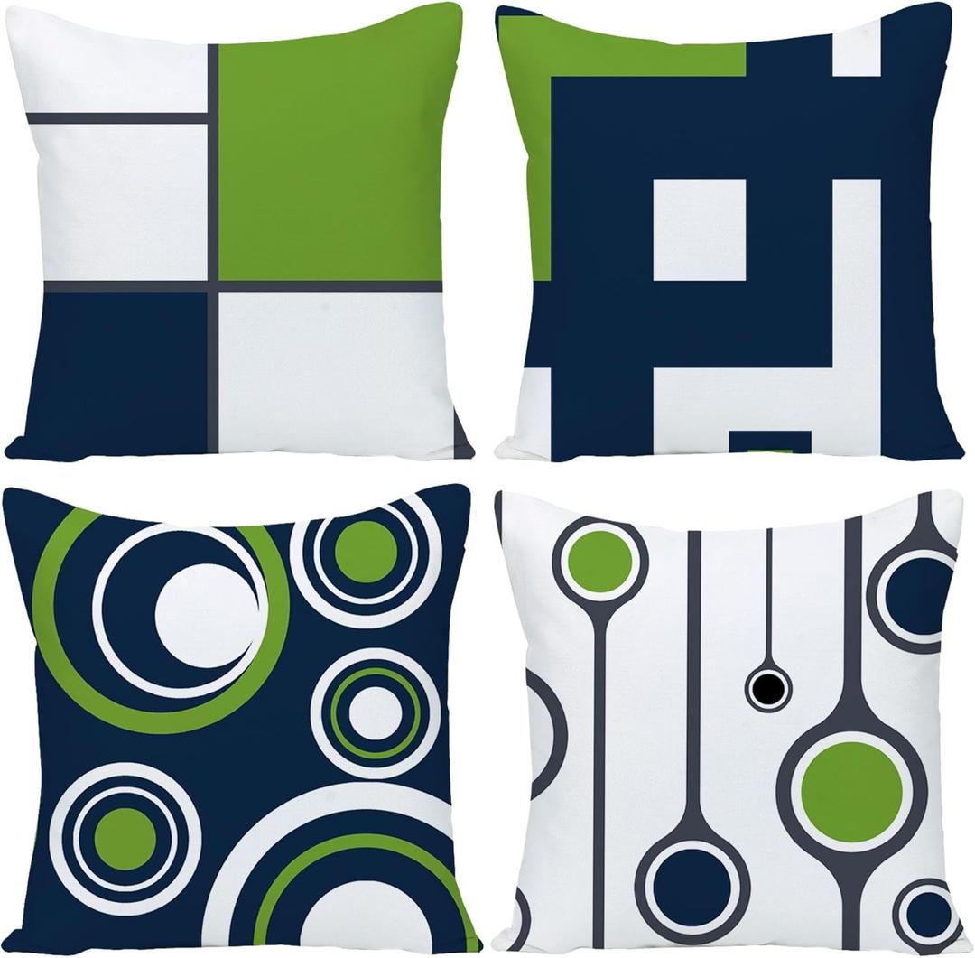 Blue and Green Pillow Covers 18x18, Navy Blue Green Geometric Pillows Cover Set of 4 Outdoor Sturdy Linen Abstract Throw Pillow Cases Zipper for Patio Couch Sofa Living Room Home Decor