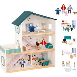 OOOK Wooden Dollhouse for Kids, Doll House with Simulated Luxury Furniture Set, Dollhouse Playset for Girls Toddlers (Including 4 Family Dolls and a Dog)