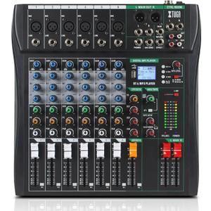 XTUGA 6 Channel Audio Mixer, Professional Sound Board Mixer, DJ Mixing Console System Audio Interface,48V Phantom Digital Effect for PC Podcast Studio Karaoke Streaming Live Recording(CT60)