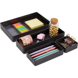 Stockroom Plus Set of 4 Plastic Drawer Organizer Trays, Black, 4 Assorted Sizes, Ideal for Cosmetic, Office, Classroom, and Computer Table Use