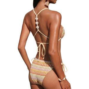 ZAFUL Women's Bikini Sets Beads Racerback Triangle Swimsuits 2 Piece Tie Side Cheeky Bathing Suits (M)