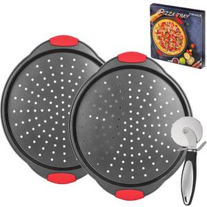 Pizza Pan for Oven (2 PACK), Pizza Baking Trays with Pizza Cutter, Non-Stick Pizza Baking Pan with Perforated Holes and Silicone Handle, Oven & Dishwasher Safe Carbon Steel