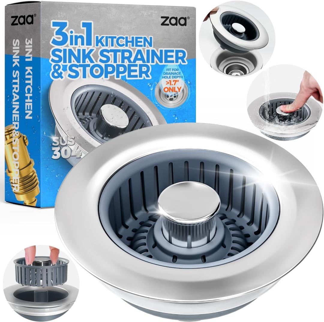 Upgraded 3in1 Kitchen Sink Drain Strainer & Sink Stopper, Stainless Steel Kitchen Drain Plug & Sink Installation Parts with Anti-Clogging Basket, Fit US Standard 3-1/2'' Sink Drain Hole, Silver Upgraded 3in1 Kitchen Sink Drain Strainer & Sink Stopper, Stainless Steel Kitchen Drain Plug & Sink Installation Parts with Anti-Clogging Basket, Fit US Standard 3-1/2'' Sink Drain Hole, Silver