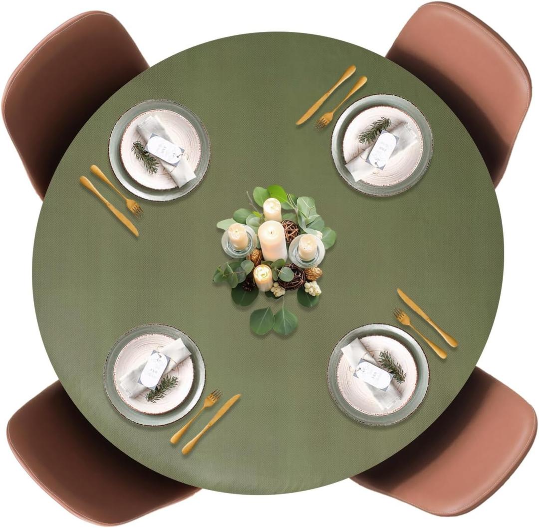 Covers For The Home Deluxe Elastic Edged Flannel Backed Vinyl Fitted Table Cover - Basketweave (Green) Pattern - Large Round Oblong Oval - Fits Tables up to 45" - 56" Diameter