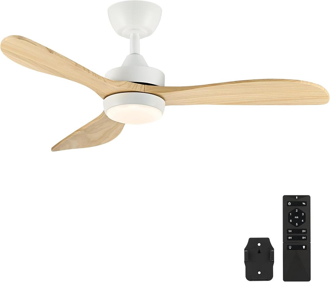 VONLUCE Ceiling Fans with Lights, 42 Inch Ceiling Fan and Remote, 6-Speeds Noiseless Reversible DC Motor, 3CCT, Wood Ceiling Fan for Outdoor Indoor Farmhouse Patios, White