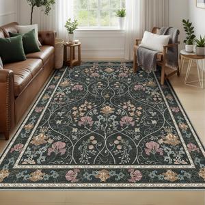Floral Area Rug 5x7 Washable Vintage Non Slip Living Room Rug,Soft Flower Low Pile Stain Resistant Rugs for Bedroom Dining Room Laundry Indoor, Dark Grey