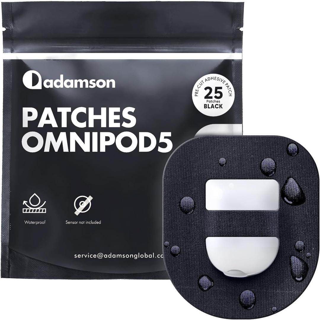 Adamson Omnipod 5 Overpatches  25 Waterproof Omnipod 5 Adhesive Patches, Sweatproof & Skin-Friendly, No Glue on Center, Easy to Apply & Remove, Secure Hold for Active Lifestyles  Black