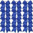 12 Pieces Blue Sequin Cheer Bows, 8 Inch Large Hair Bows with Elastic Ponytail Holder for School Girls Toddlers, Hair Accessories for Cheerleading, Dance, Party