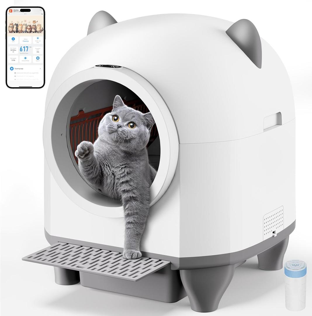 Automatic Cat Litter Box Self Cleaning, 80L Large Automatic Cat Litter Box Self Cleaning for Multiple Cats with APP Control, Odor Removal Includes 1 Roll Garbage Bags, aWhite