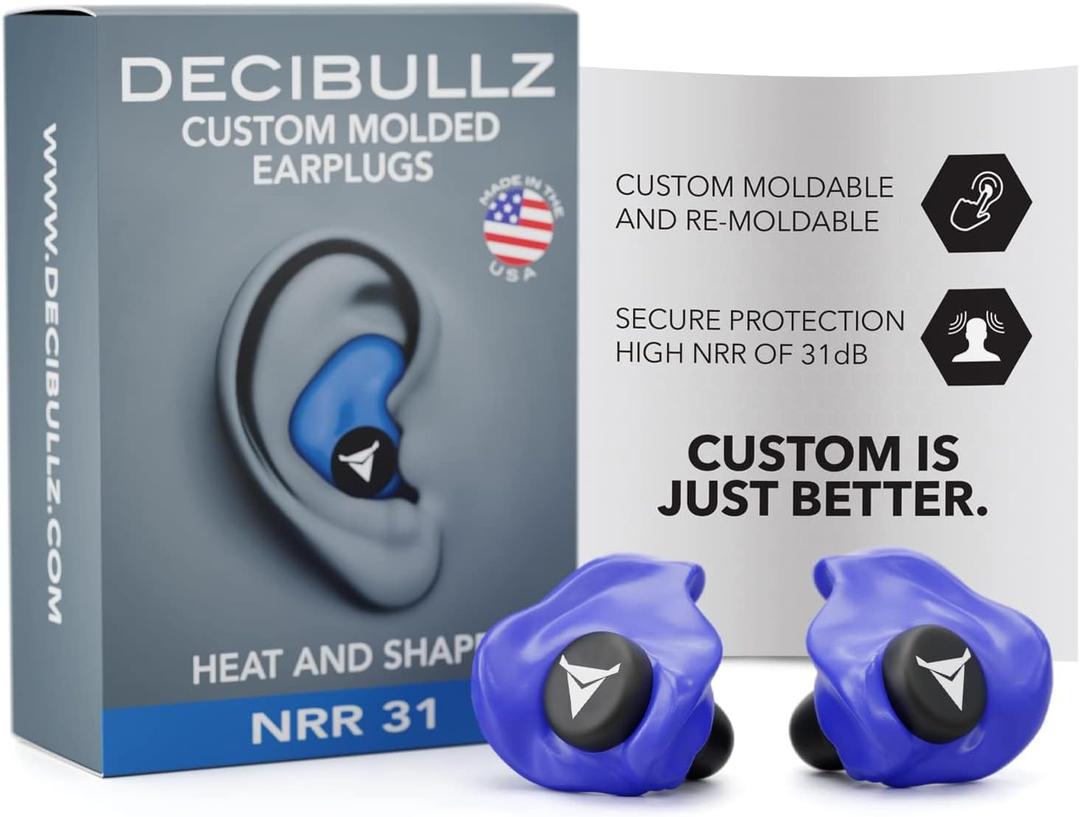 Decibullz - Custom Molded Earplugs, 31dB Highest NRR, Comfortable Hearing Protection for Shooting, Travel, Work and Concerts (Blue)
