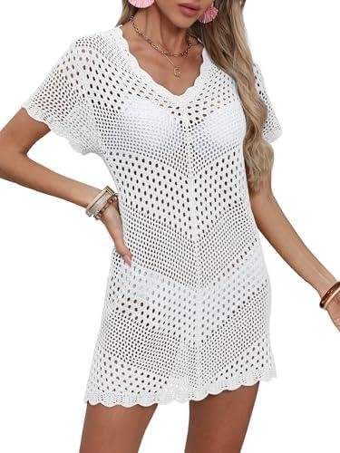 KLWCJFFF Women Swimsuit Summer Short Sleeve Crochet Knit Bathing Suit Beach Cover Up Hollow Out Sexy See Through Dress L