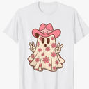 Pink Ghost in Cowboy Hat with Sunflowers Western Halloween T-Shirt Size S
