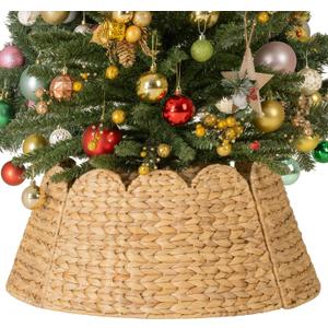 StorageWorks 24" Scalloped Christmas Tree Collar, Wicker Christmas Tree Base Skirt with Water Hyacinth, Rustic Tree Ring Stand Cover for Christmas Home Party Farmhouse Artificial Trees Dcor (Brown)