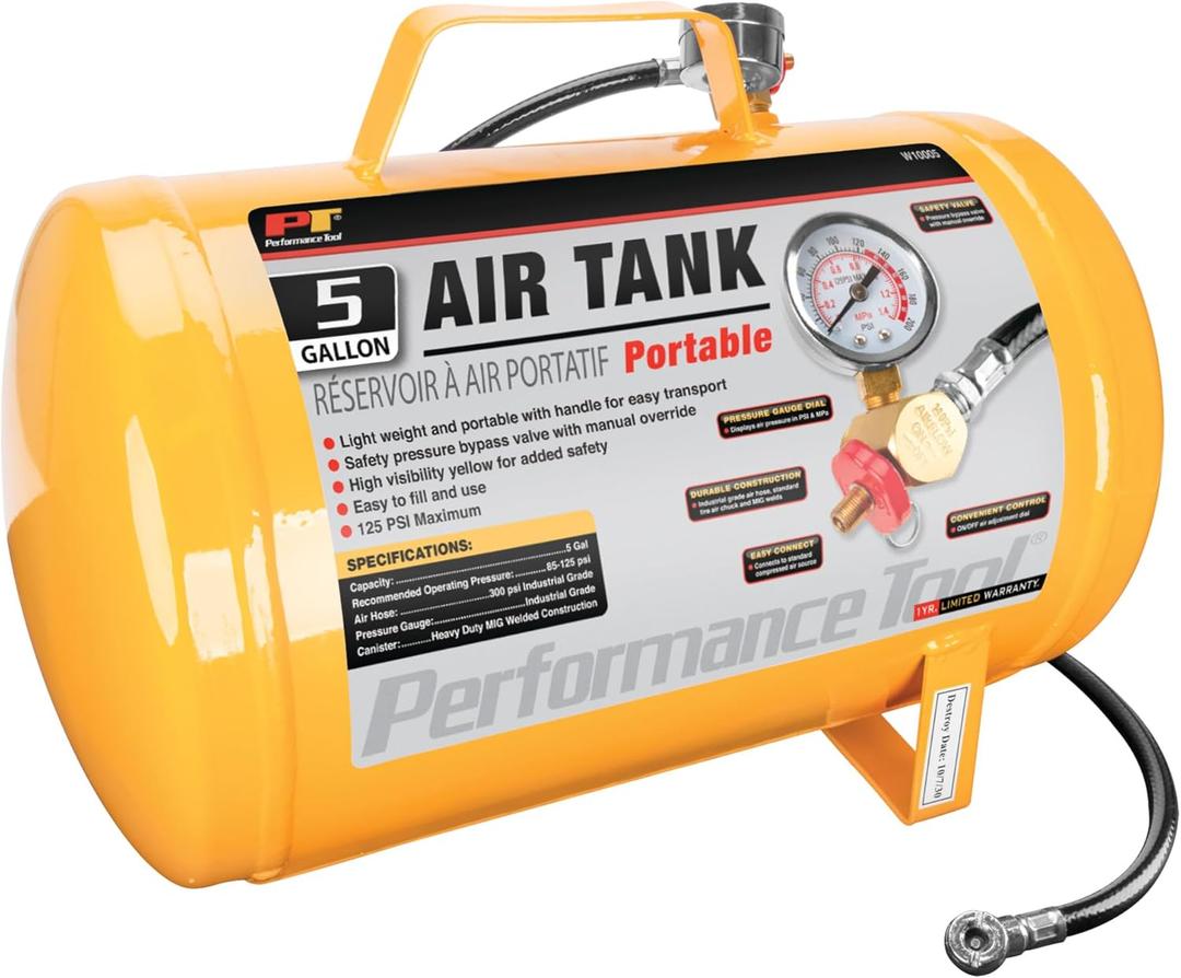 Performance Tool W10005 Hi-viz 5-Gallon Horizontal Portable Air Tank With Tire Air Chuck , Yellow