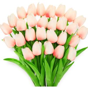 Lyrow 30 Pcs Tulips Artificial Bouquet Flowers Faux Tulips for Home Kitchen Wedding Decorations,Gift Idea for Easter Decor Mother's Day Birthdays(Pink)