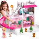 Doloowee DIY Dollshouse for Girls 4-8 - 2-Story House with 3 Themed Rooms, 2 Dolls, 4 Dogs, Slide & Yard - Dolls House Toys for Imaginative Play