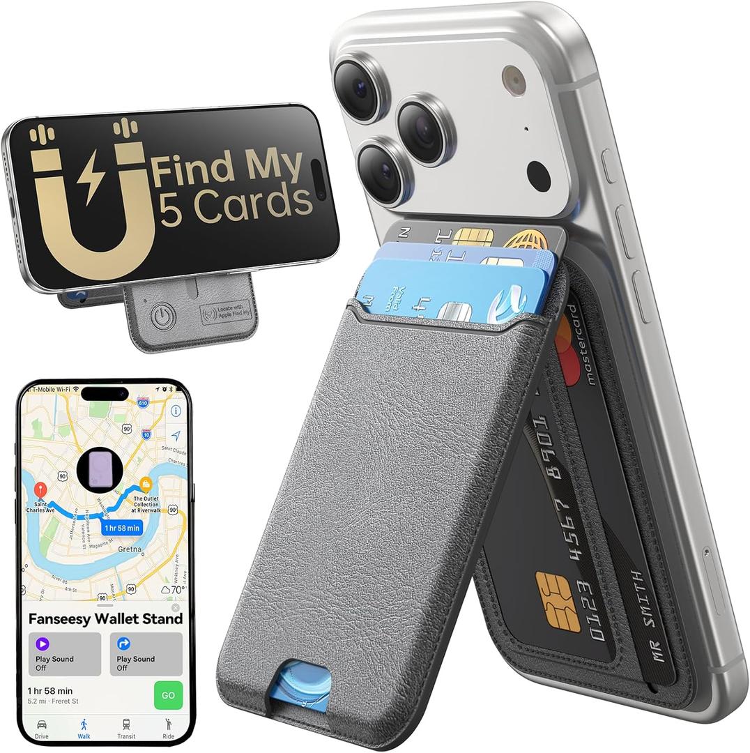 for MagSafe Wallet, Works with Apple Find My,5 Card Holder with Stand, Magnetic Phone Wallet Stand for iPhone 17/16/15/14/13/12 Pro Max Air Plus, RFID Blocking Vegan Leather,Dark Grey