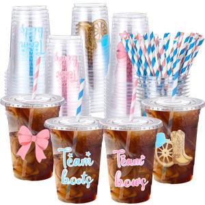 Jingmore 50 Set Gender Reveal Decorations Pink and Blue Cups with Lid and Straw Disposable Gender Reveal Party Favors for Guest Baby Shower(Boots or Bows)
