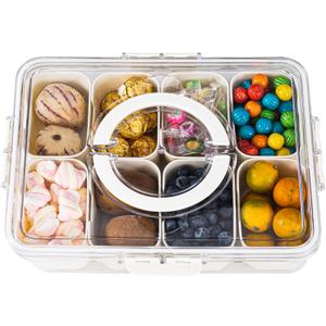 Amzcku Divided Serving Tray with Lid and Handle - Snackle Box Charcuterie Container for Portable Snack Platters - Clear Organizer for Candy, Fruits, Nuts, Snacks - Perfect for Party, Entertaining (1 pack 8 Compartments)