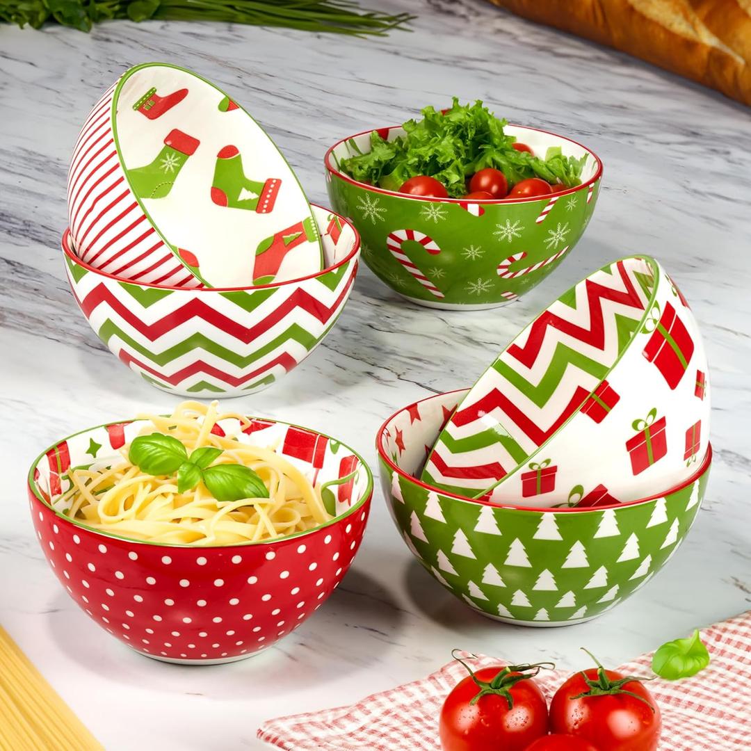 Holiday Fun 30 oz Porcelain Serving Bowls  Set of 6 Assorted Festive Designs  Christmas Pasta, Soup, or Snack Bowls  Perfect for Entertaining or Gifting  Dishwasher Safe