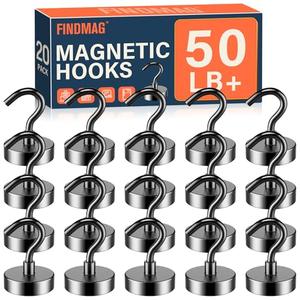 FINDMAG 20 Pack Magnetic Hooks, 50lbs Strong Magnetic Hooks Heavy Duty for Hanging, Magnets with Hooks for Cruise Cabin, Classroom, Office, Grill, Heavy Duty Magnetic Metal Hooks for Refrigerator