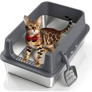XL Open Top Stainless Steel Litter Box Large with High Sides,Gray | Extra Large Metal Cat Litter Pan , XL Litter Box, Non-Stick Easy Clean Anti-Leak Kitty Litter Pan, Odor Control, Open Top