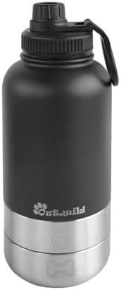 OUT 'N WILD Portable Dog Insulated Water Bottle & Bowls - All-in-One Travel Accessories Pet Food & Liquids for Car, Hiking, Camping - Leak-Proof, Double Walled - 32 oz, 2 Dog Bowls, Black