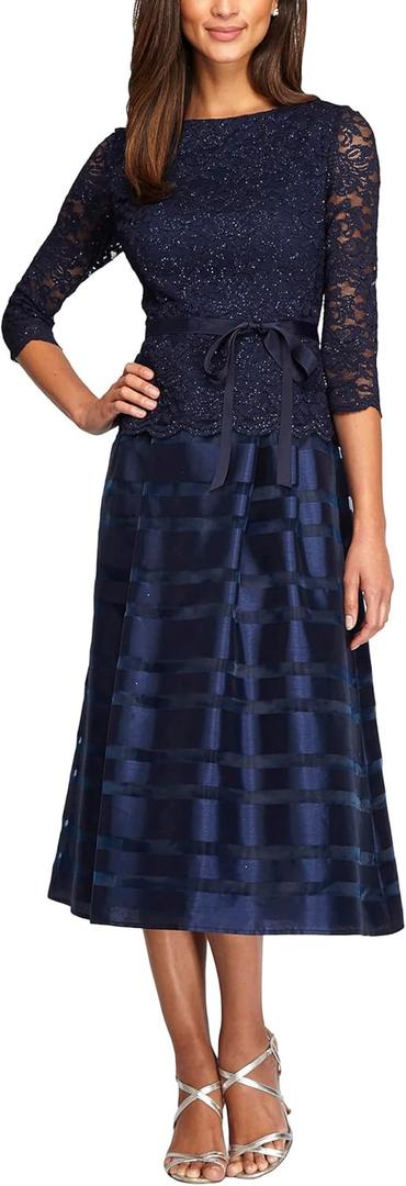 Alex Evenings Women's Tea-Length A-Line Dress with Tie Belt. Size 6