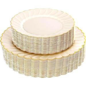 YOUBET 60PCS Ivory Scalloped Plastic Plates - Hard Craem and Gold Fancy Disposable Plates include 30 Gold Dinner Plate, 30 Dessert Plate for Party, Wedding