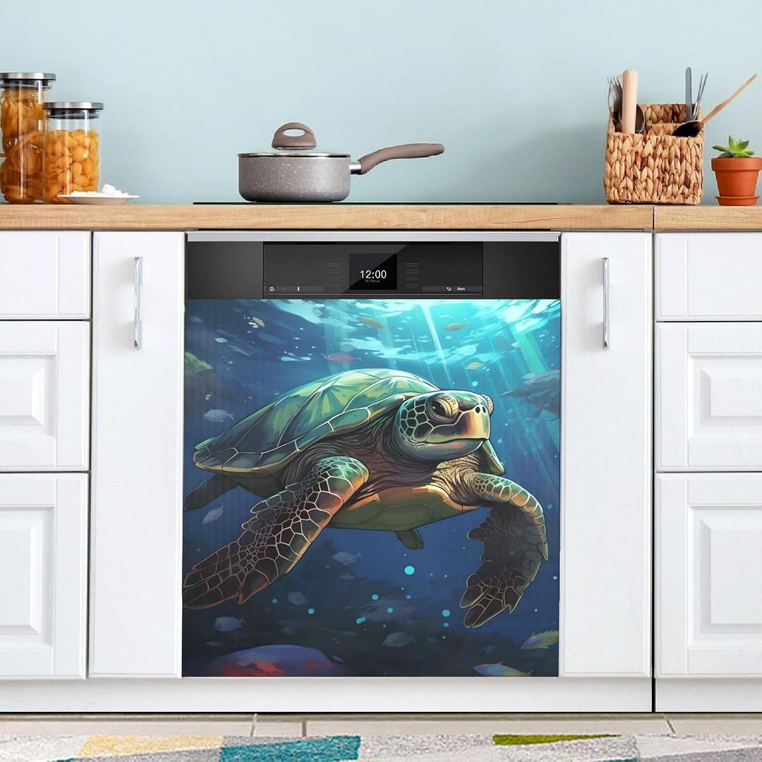 JIPONI Magnetic Dishwasher Cover, PVC+PET, Sea Turtle, Waterproof Kitchen Art Decor