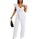 HBQ Womens Casual One Piece Jumpsuits V-Neck Sleeveless Ruffle Backless Belted Elegant Romper Wide Leg Pant Sexy Party Clubwear Overalls-White-XXL