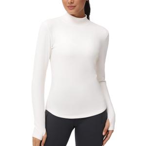 THE GYM PEOPLE Fleece Mock Turtleneck Pullover Base Layer Shirts Long Sleeve Workout Tops with Thumb Hole (Small, Beige)