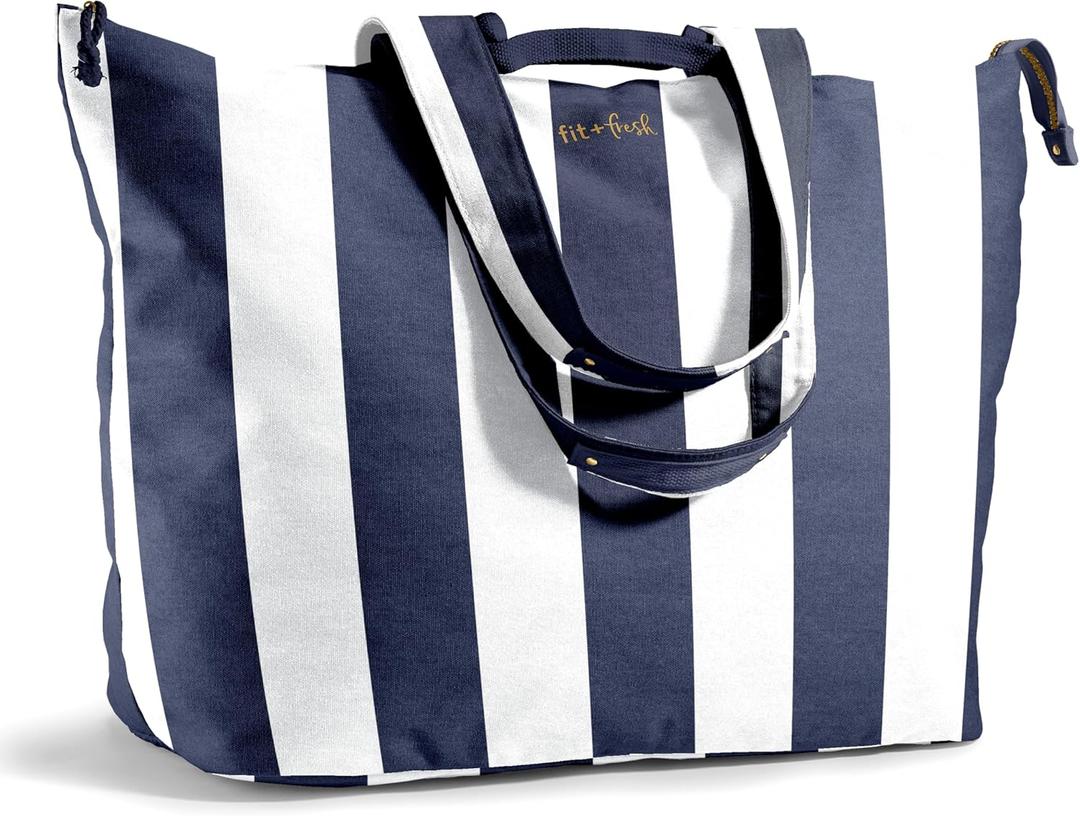 Fit & Fresh Large Beach Bag for Women - Extra Large Travel Tote With Pockets (Navy)