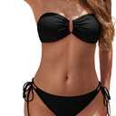 YACUN Women's 2 Piece Strapless Bandeau Bikini Set U-Wire Cheeky Bathing Suit Lace up Swimsuits (Black, S)