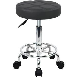 WKWKER Round Rolling Stool with Footrest PU Leather Height Adjustable 360 Swivel Stool with Wheels Office Chair Home Drafting Work Studio Shop SPA Salon Small (Grey)