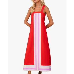 Women Color Block Maxi Dress Sleeveless Striped Flowy Beach Dress Square Neck Backless Casual Summer Dress. Size M