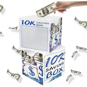10K Smash Box for Money Saving Challenge，Acrylic Savings Cash Box for Cash，Transparent, Secure & Portable Piggy Bank for Adults Kids，Money Saver Box (Blue)