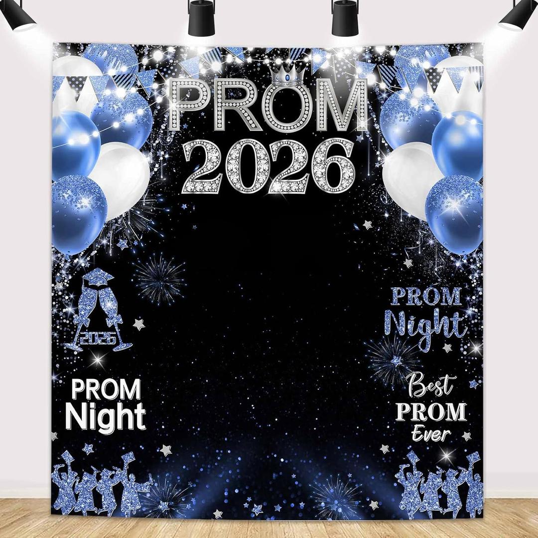 MEHOFOND Prom 2026 Backdrop Blue Graduation Photo Booth Background Banner, Congrats Grad Prom Night Photography Decor for Senior Prom Party 70.9x78.7in