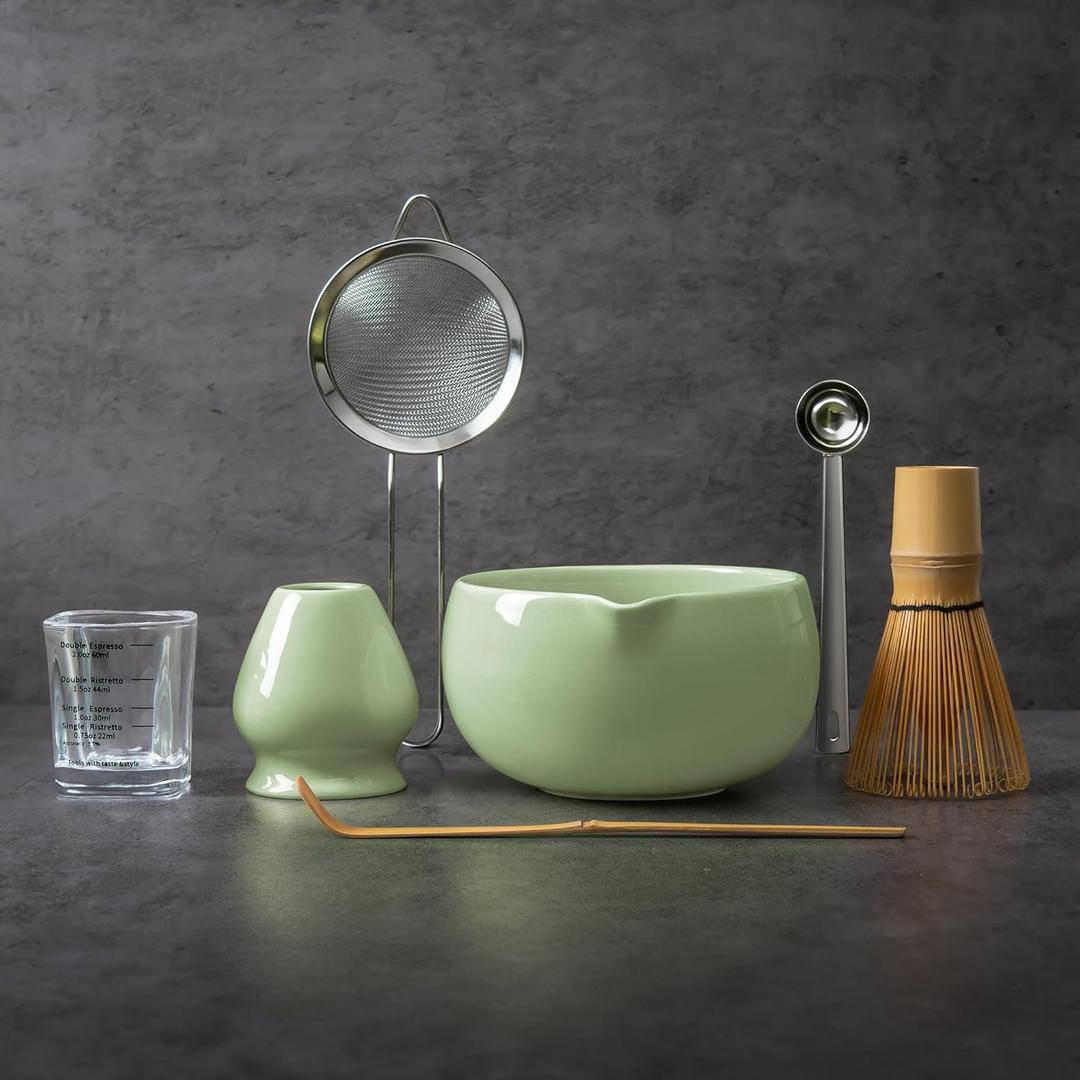 YIBO Matcha Whisk Set With Bowl, Ceramic Matcha Making Kit Includes Bamboo Whisk (Chasen), Holder Stand, Powder Starter Sifter, Scoop, Measuring Spoon & Cup Tea Tools For Ceremony (Mottled Green)