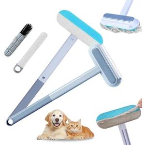 Pet Hair Remover, Reusable 4 in 1 Pet Hair Removal Tool Brush for Lint, Multifunctional Cat & Dog Hair Remover for Couch Furniture Car Bed Window Clothes, Washable Brush with Long Handle & 2 Scrapers Pack of 2