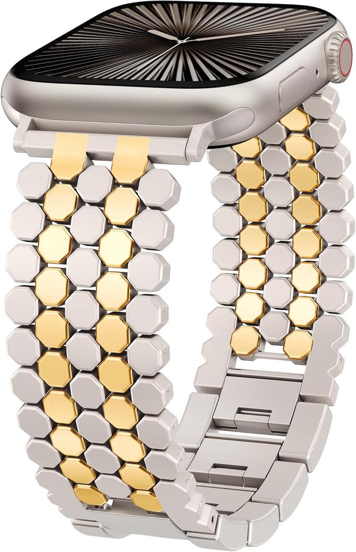 Minyee Compatible with Apple Watch Band Women 41/40/38/44/45/46/49/42mm, Dressy Honeycomb Pretty Adjustable Metal Designer Classy Wristband for iWatch Series 11 10 9 8 7 6 5 4 3 2 1 Ultra SE (Starlight/Gold)