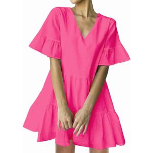 FANCYINN Womens V Neck Cute Shift Dress with Pockets Bell Sleeve Ruffle Hem Loose Swing Summer Tunic Mini Dress XL