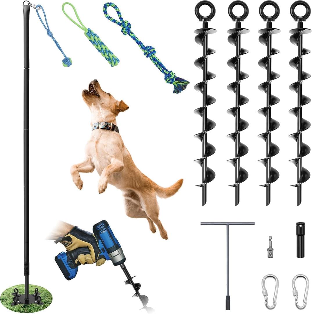 Tether Tug Outdoor Dog Toy, 31"-78" Tug of War Dog Toy with Safety Pole Cover, 3 Replaceable Ropes & Spiral Ground Anchor - 4 Durable Spring Pole Interactive Pull Toy for Large Medium Small Dog