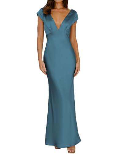 Halfisland Womens Summer Satin V Neck Cap Sleeve Backless Maxi Dress Elegant Twist Cut Out Midi Dresses Wedding Guest Dark Blue M