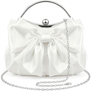 Bow Purse for Women, Bridal Clutch White Evening Bag, Ruched Purses Satin Silk Handbag with Chain Strap